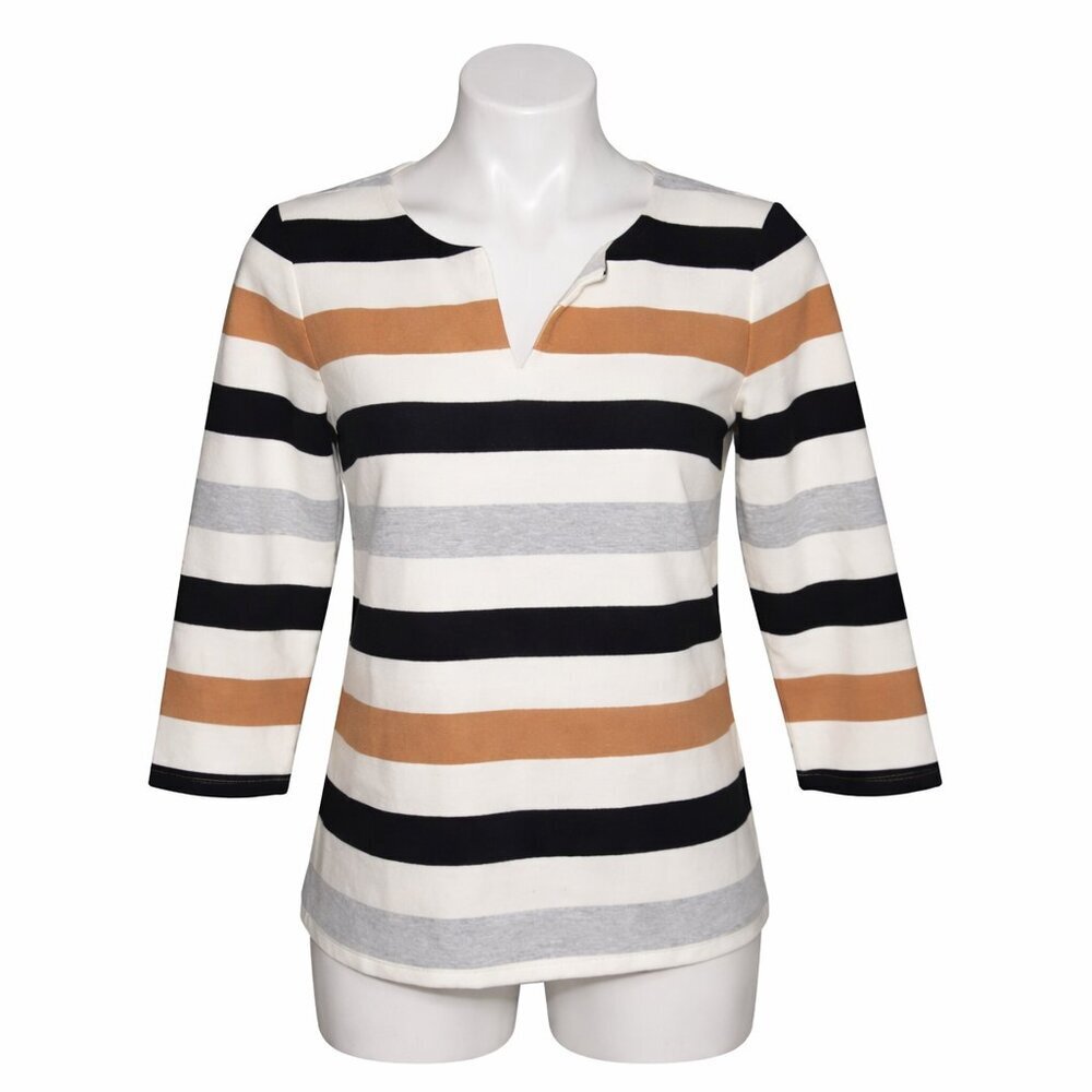 Talbots Petite Striped Notch Neck Top 3/4 Sleeve Tan Black Gray Ivory SP
